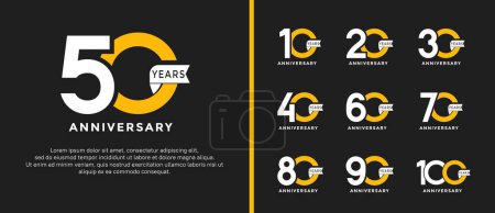Téléchargez les illustrations : Ensemble de logo anniversaire de style blanc et jaune couleur et ruban pour la célébration - en licence libre de droit