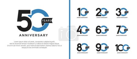 Ilustración de Conjunto de aniversario logotipo estilo negro y azul color y cinta para la celebración - Imagen libre de derechos