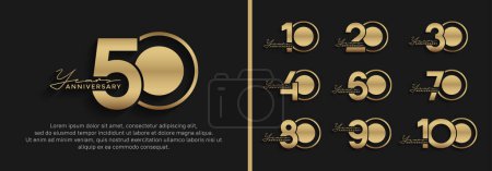 Téléchargez les illustrations : Ensemble de couleur d'or de style logo anniversaire sur fond noir pour la célébration - en licence libre de droit