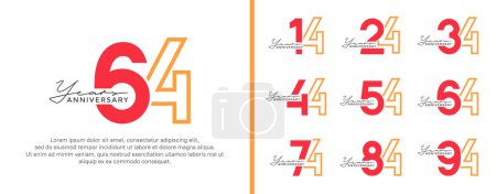 Illustration for Set of anniversary logo style flat red on orange color for celebration - Royalty Free Image