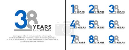 Téléchargez les illustrations : Ensemble de logo anniversaire style plat bleu et gris pour la célébration - en licence libre de droit