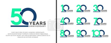 Ilustración de Conjunto de aniversario logotipo estilo plano de color verde y azul para la celebración - Imagen libre de derechos
