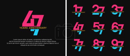 Téléchargez les illustrations : Ensemble de logo anniversaire de style rose et bleu couleur sur fond noir pour la célébration - en licence libre de droit