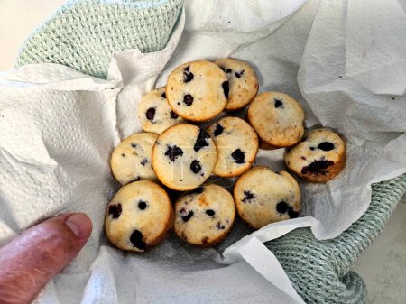 Overhead food flat lay fresh blueberry muffins baked in oven in a basket.
