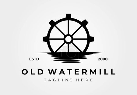Ilustración de Viejo molino de agua en un río ilustración logo vector vintage icono de diseño - Imagen libre de derechos