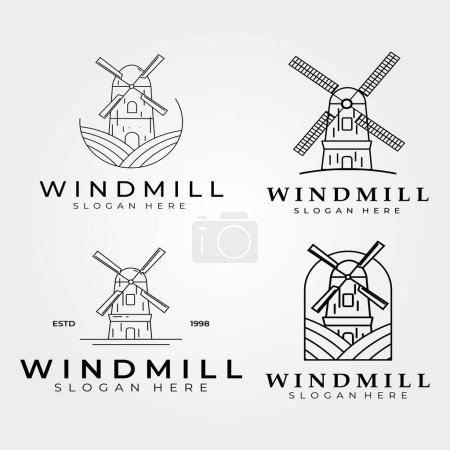 Windmühle Linie Kunst-Set und Sammlung Logo Vektor Vintage Illustration Design, Bauernhaus, Bäckerei-Logo