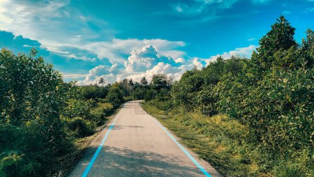 Pantai Sepat, Kuantan Pahang, Malasia. Un camino gris en la selva verde y la línea azul para carril bici con cielo nublado brillante.
