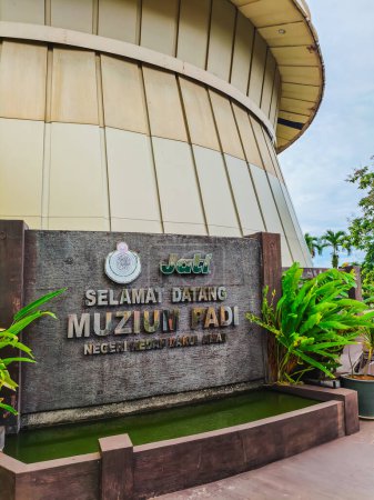 Photo for Kedah, Malaysia. outdoor signboard and architecture building of Muzium Padi or Paddy Museum in Kedah Darul Aman. - Royalty Free Image