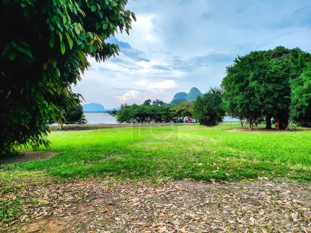 Una hermosa vista panorámica del parque con árboles asimétricos, campo de hierba verde, una montaña en el punto de fuga y un fondo de cielo azul nublado en Tasik Timah Tasoh, Perlis, Malasia.