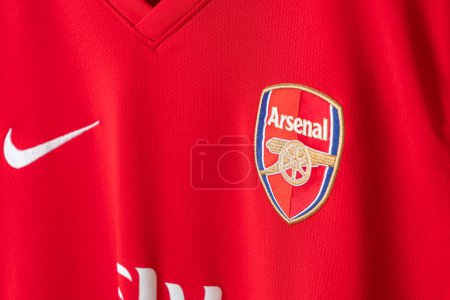 Photo for Bangkok, Thailand - Jan 18, 2022 : close up Arsenal logo on Arsenal retro shirt home jersey season 2008-2010 - Royalty Free Image