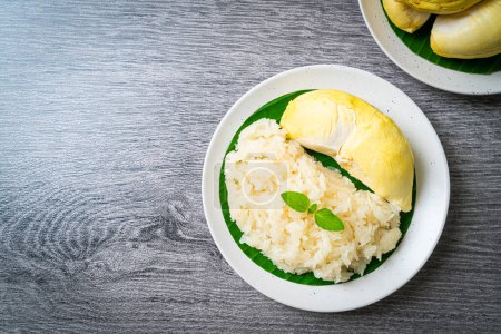 Photo for Durian with sticky rice -  sweet durian peel with yellow bean, Ripe durian rice cooked with coconut milk - Asian Thai dessert summer tropical fruit food - Royalty Free Image