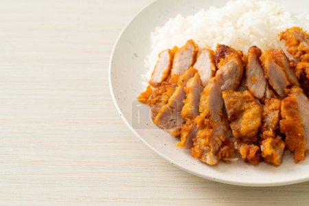 Téléchargez les photos : Porc frit garni de riz avec sauce trempette épicée - en image libre de droit