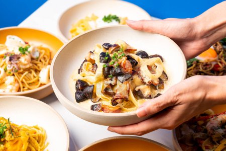 Photo for Fettuccine spaghetti pasta truffle mushroom on plate - Royalty Free Image