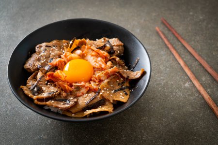 Photo for Pork bulgogi rice bowl with kimchi and Korean pickled egg - Korean food style - Royalty Free Image
