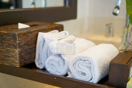 Photo for Hand towel at the basin in restroom - Royalty Free Image