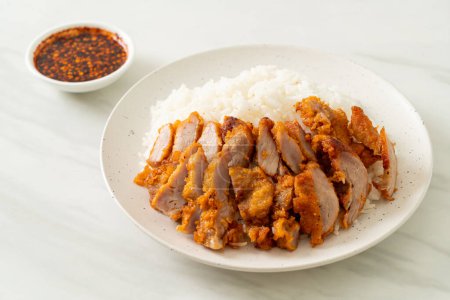Téléchargez les photos : Porc frit garni de riz avec sauce trempette épicée - en image libre de droit