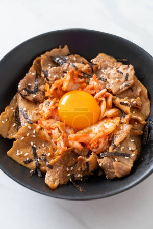 Photo for Pork bulgogi rice bowl with kimchi and Korean pickled egg - Korean food style - Royalty Free Image