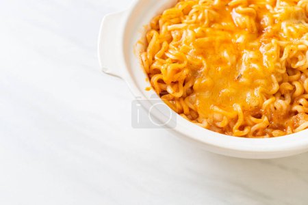 spicy instant noodle bowl with mozzarella cheese