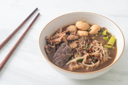 Thai noodle with pork, stewed pork, meatball and pork liver in blood soup - Thai noodles style