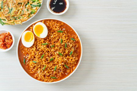 Ramyeon or Korean instant noodles with egg - Korean food style