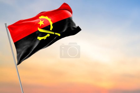 Die Angola-Flagge weht gegen den bewölkten Himmel. schönen Blick auf Sonnenuntergang und Sonnenaufgang. Angola-Flagge. 3 d Abbildung.
