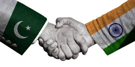 handshake between india and pakistan flags painted on hands, isolated transparent image.