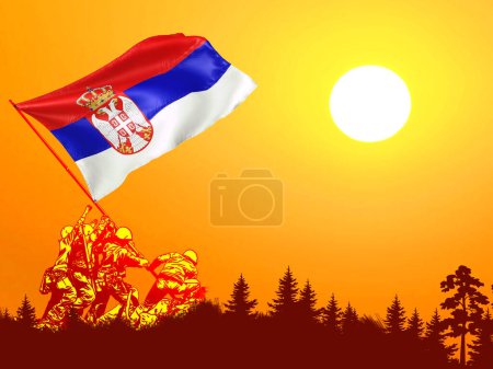 Die Flagge Serbiens weht vor dem wunderschönen Hintergrund des Sonnenuntergangs. Sonnenuntergang, 3 d Illustration