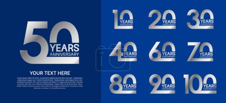 Ilustración de Conjunto de logotipo premium aniversario con color plateado aislado sobre fondo azul - Imagen libre de derechos