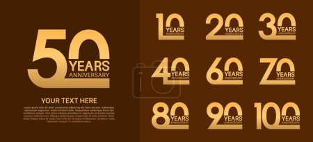 Téléchargez les illustrations : Ensemble de logo anniversaire premium avec couleur dorée isolé sur fond brun - en licence libre de droit