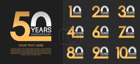 Ilustración de Conjunto de logotipo premium aniversario con oro y color plateado aislado sobre fondo negro - Imagen libre de derechos