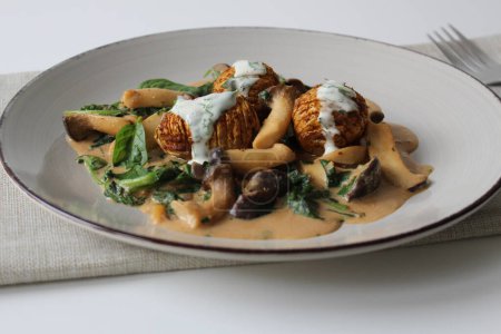Téléchargez les photos : Délice artisanal : Pommes de terre Hasselback sur un lit de sauce à la crème végétalienne aux champignons aux huîtres et aux épinards - en image libre de droit