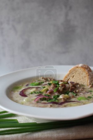German Comfort in a Bowl: Hearty Cheese Soup with Ground Meat, Red Onions, and Leeks