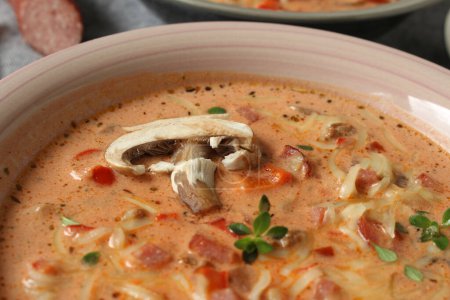 Hearty Pizza Soup with Cabanossi and Ground Beef