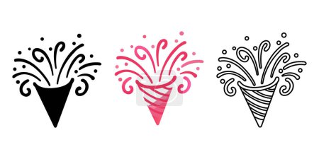 Set confetti party popper icon, fireworks logo, cap, flat design. Vector illustration isolated on white background.