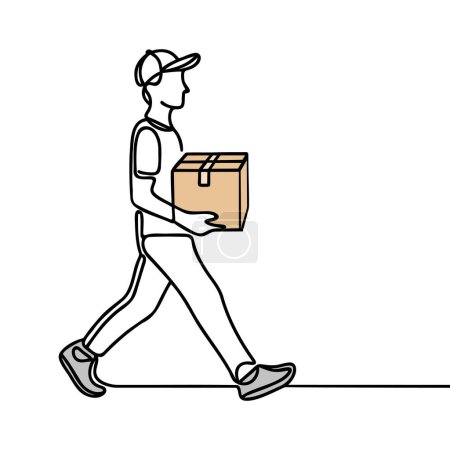 Dibujo continuo de una línea repartidor con caja de paquetes. Dibujo del repartidor parado con el poste del paquete.