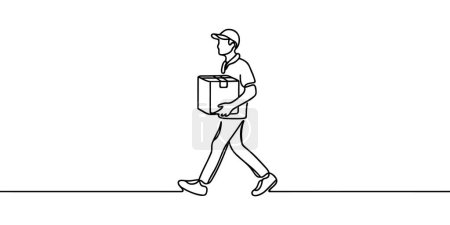Dibujo continuo de una línea repartidor con caja de paquetes. Dibujo del repartidor parado con el poste del paquete.