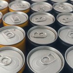 Neatly arranged beverage cans. Aluminum, metal cans for soda, milk, and energy drinks. Recyclable beverage cans