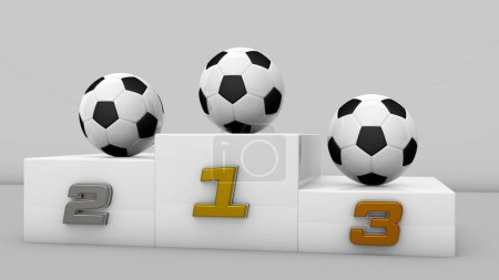 Photo for Podium square for first, second and third place with soccer ball. Award ceremony. Elements in 3D renderings. White podium with reflections. Gold, silver and bronze winners ceremony. - Royalty Free Image