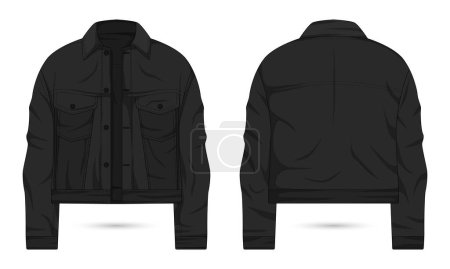 Téléchargez les illustrations : Modèle de veste motard en denim noir vue avant et arrière - en licence libre de droit