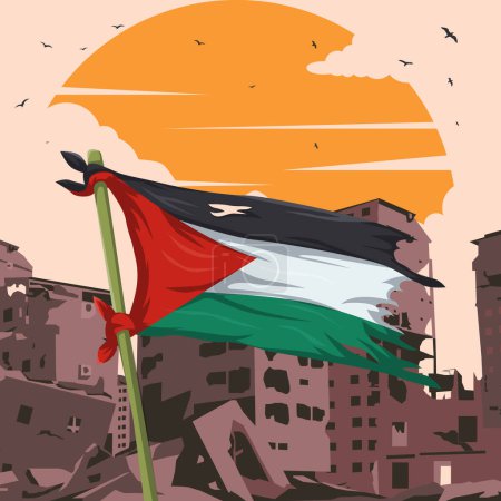 Plakatentwurf mit Palästinenserfahne und Bauruinen im Hintergrund