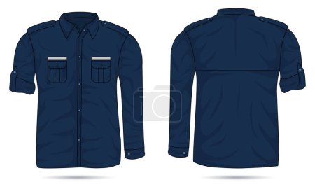 Téléchargez les illustrations : Modèle de chemise de travail à manches longues vue avant et arrière. Modèle de chemise PDH bleu foncé - en licence libre de droit