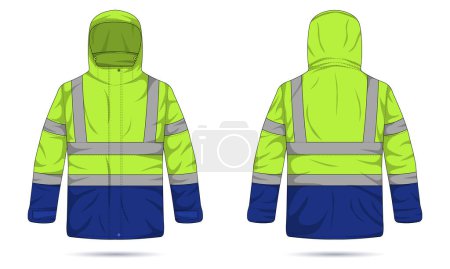 Ilustración de Hi Vis chaqueta con capucha maqueta vista frontal y trasera - Imagen libre de derechos