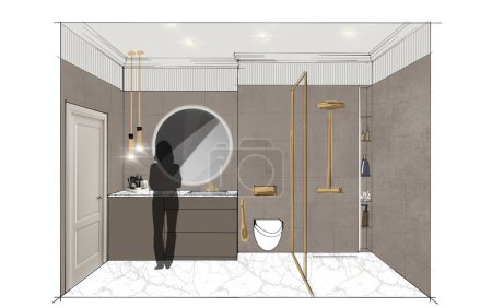 Téléchargez les photos : Design intérieur croquis collage pour salle de bain de luxe. Collage de visualisation dans Procreate - en image libre de droit