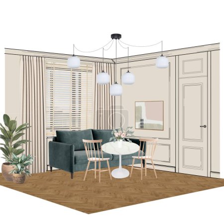 Cozy dining room area in kitchen. Sketch collage in Procreate . Design Interior