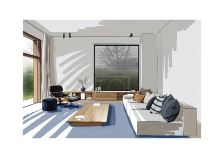 Ilustración boceto de diseño interior sala de estar sala de estar silla zona en estilo contemporáneo 