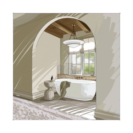 Diseño de interiores bosquejo 3d visualización elegante cuarto de baño de lujo con bañera Procreate 