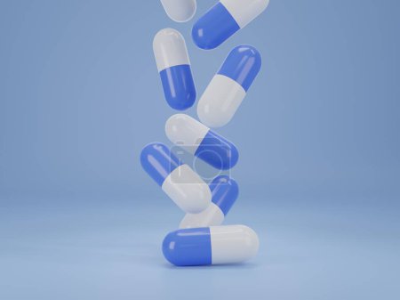 Photo for 3d render, group of medicine pills tablets and capsules on blue background with copy space, medicine concepts, pharmaceutical concepts. - Royalty Free Image