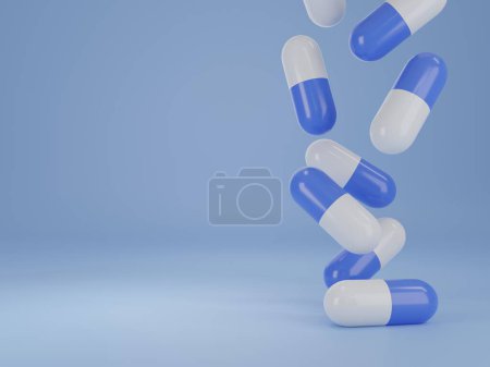 Téléchargez les photos : Rendez-vous 3d, comprimés et capsules de médicaments sur fond bleu avec espace de copie, concepts de médecine, concepts pharmaceutiques. - en image libre de droit