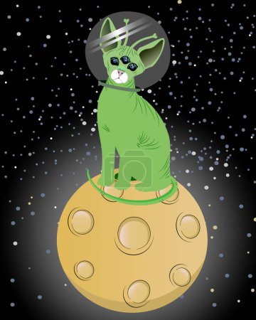 Téléchargez les illustrations : Un chat vert étranger est assis sur la lune dans l'espace - en licence libre de droit