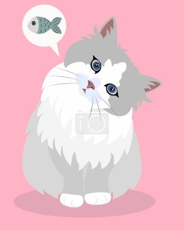 a cute Ragdoll cat thinking of fish, isolated vector illustration on a pink background